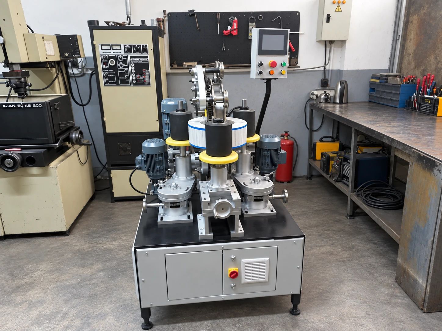 Atölyede kontrol panelli toroid trafo sarım makinesi