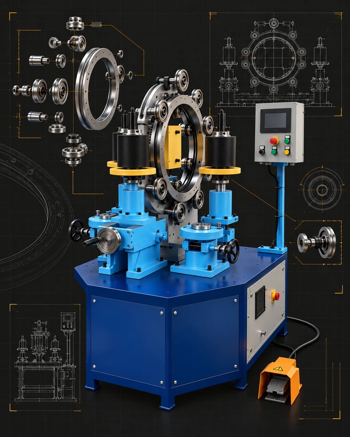 Toroid trafo sarım makinesi ve parçalarının teknik çizimleri