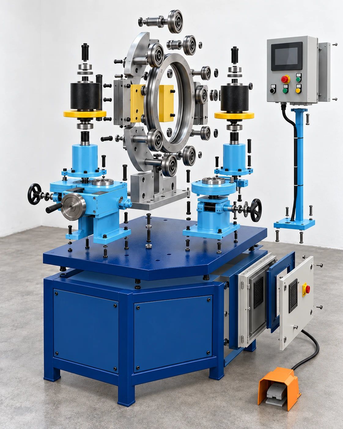 Toroid trafo sarım makinesinin parçalarına ayrılmış montaj görünümü