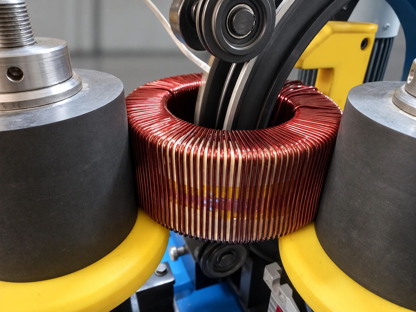 Sarım makinesinde bakır teli sarılan toroidal transformatör