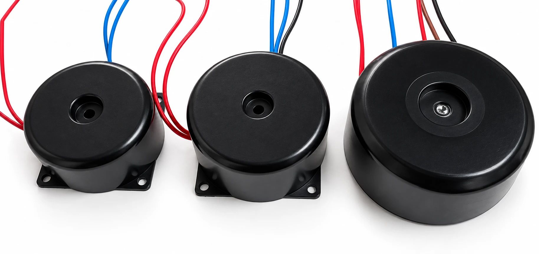 Yan yana dizilmiş, kablo çıkışlı siyah kapaklı toroidal transformatörler